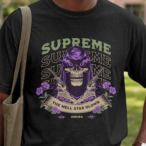 Supreme The Hell Star Glows Skeleton T-Shirt, Edgy Skull Guns Graphic Tee, Gothic Streetwear Shirt