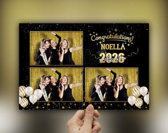 Plantilla de fotomatón de la clase de 2026, 4 x 6, en negro y dorado, para fiesta de graduación.