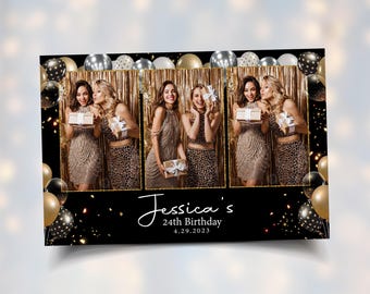 Birthday Photobooth Overlay Glitter Gold Black Balloons 4x6 Photo Booth Template BM2