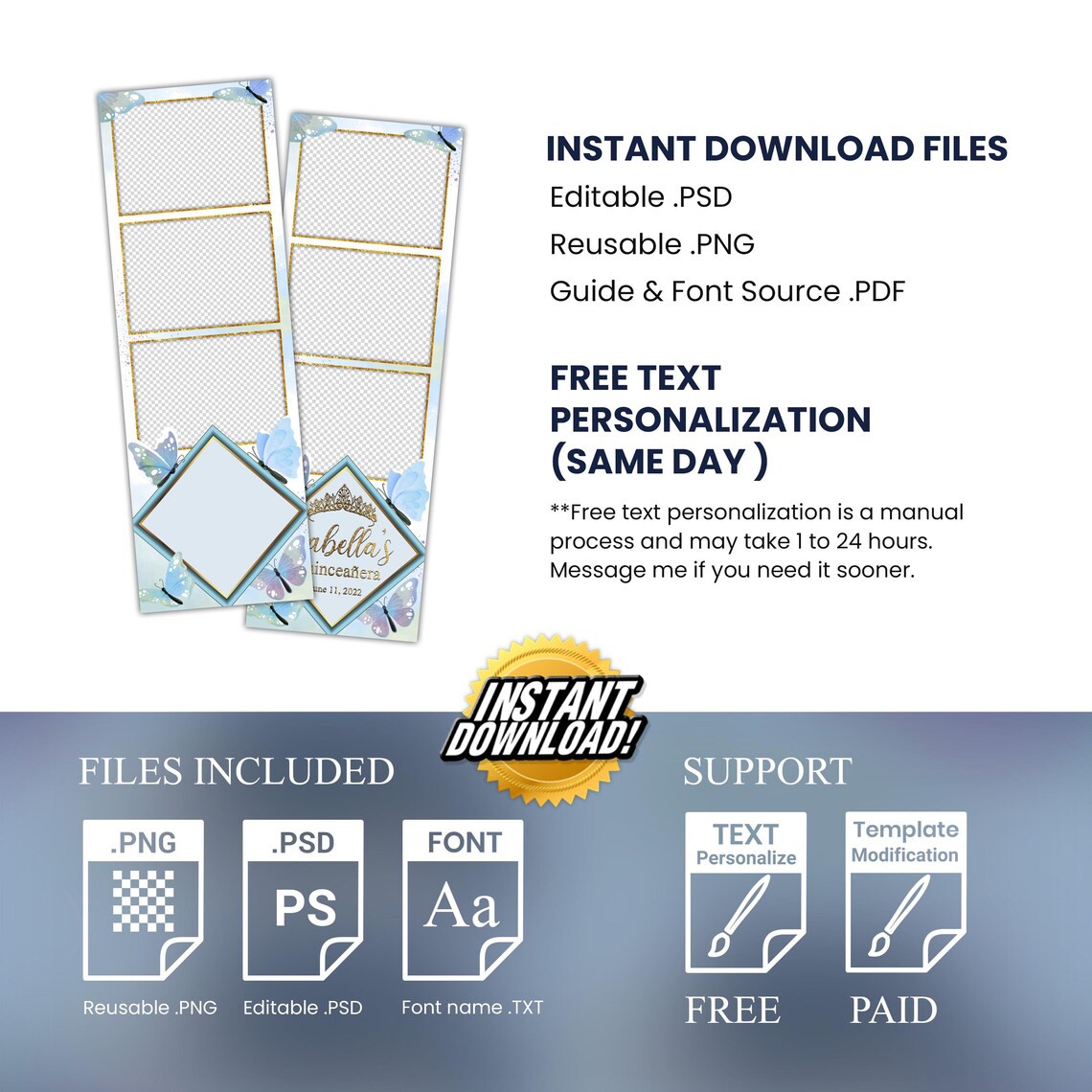 Sweet 16 Photo Booth Template 2x6 Pastel Blue Butterfly Gold