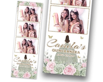 Sweet 16 Photobooth Template, 2x6 Green Pink Flower, Birthday Quinceanera Photo Booth Template 1091