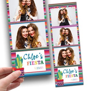 May include: Photo booth strips featuring multiple images of two women holding glasses of wine. The strips have a colorful border with the text "Chloe's FIESTA" and a cactus illustration. The date "1/23/21" is also visible.