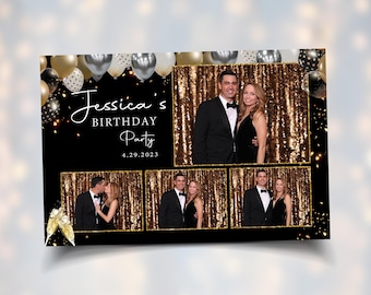 Birthday Photobooth Overlay Glitter Gold Black Balloons 4x6 Photo Booth Template BM2