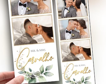 Plantilla para fotomatón de boda, 2x6 eucalipto, despedida de soltera, verde, dorado, aniversario, plantilla 336