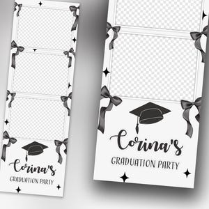 May include: White photo booth prop with three rectangular frames, black bows, and star accents. Features a graduation cap graphic and the text "Corina's Graduation Party".