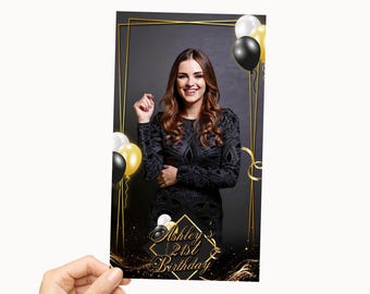 360 Birthday PhotoBooth Template in orange yellow black white balloons with gold transparent png frame for mirror photo booth 1920x1080