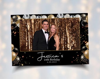 Birthday Photobooth Overlay Glitter Gold Black Balloons 4x6 Photo Booth Template BM2