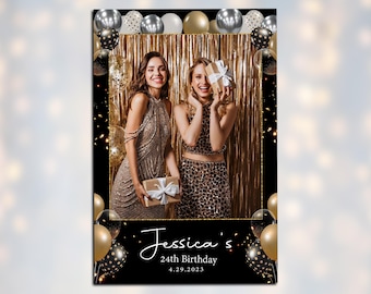 Birthday Photobooth Overlay Glitter Gold Black Balloons 4x6 Photo Booth Template BM2