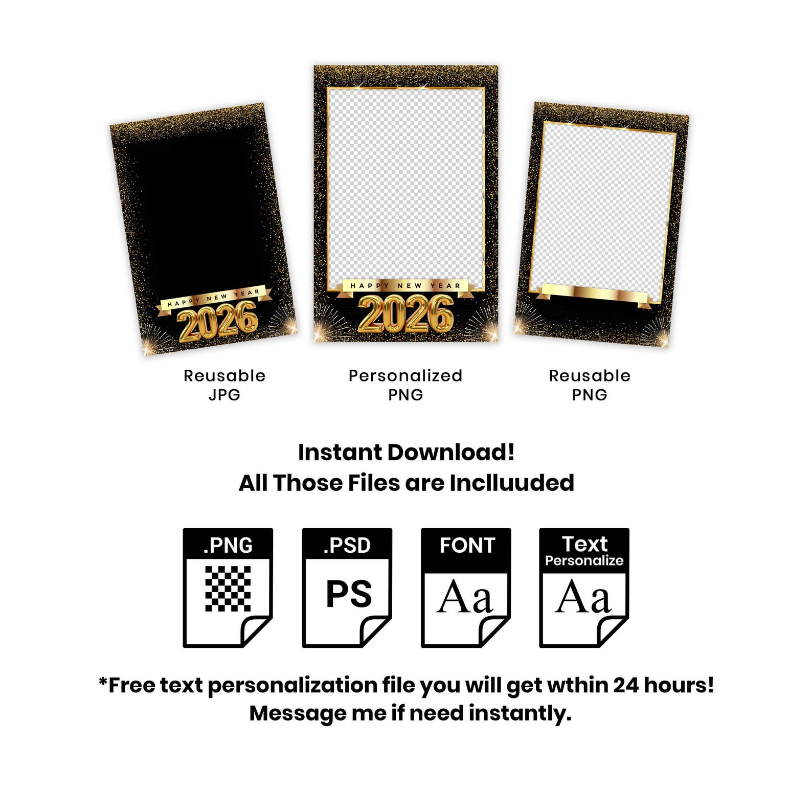 New Year Photo Booth Template, 4x6 Black Gold Party Mirror Booth