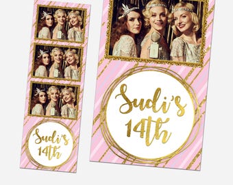 Sweet 16 Photo Booth Template, 2x6 Pink and Gold Birthday Quinceanera Photobooth Template, 701