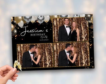 Birthday Photobooth Overlay Glitter Gold Black Balloons 4x6 Photo Booth Template BM2