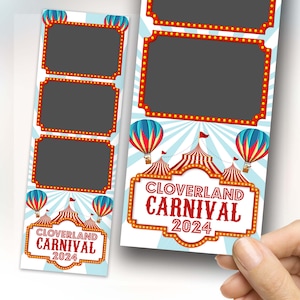 Puede incluir: Tiras de fotomatón con temática de carnaval. El diseño presenta carpas de circo a rayas rojas y blancas, globos aerostáticos y el texto "Cloverland Carnival 2024" en un marco decorativo. El fondo es azul claro con rayos blancos.