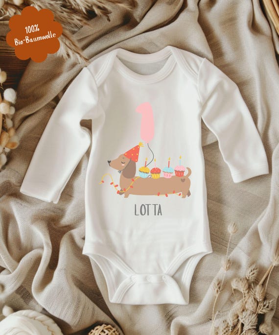 Personalisierter Babybody Hund Dackel | Babybody mit Name | Geschenk 1 Geburtstag Junge Mädchen | Tiermotiv Bio Baumwolle | Hund Baby Outfit