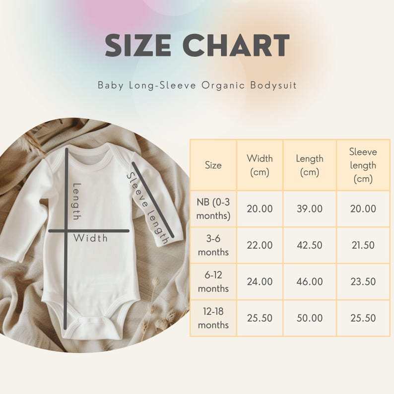 Op de afbeelding: Een witte baby biologische bodysuit met lange mouwen en een maattabel. De tabel toont de afmetingen in centimeters voor breedte, lengte en mouwlengte voor maten NB (0-3 maanden) tot 12-18 maanden.