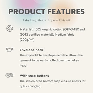 Op de afbeelding: Tekst op een lichte achtergrond met de tekst "PRODUCTKENMERKEN" en "Baby Long-Sleeve Organic Bodysuit." Kenmerken zijn onder meer 100% biologisch katoen, een enveloppehals en drukkers voor gemakkelijk verschonen.
