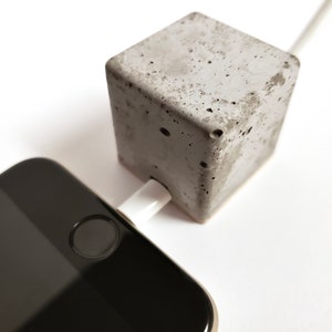 cable holder. the short stop. concrete block with maple wood cord organizer. desktop office accessories for home or work.