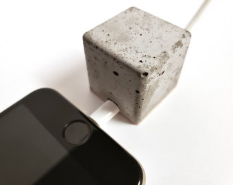 cable holder. the short stop. concrete block with maple wood cord organizer. desktop office accessories for home or work.