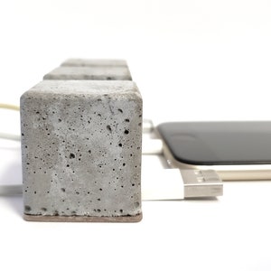 cable holder. the short stop. set of 3 concrete block with walnut wood cord organizers. desktop office accessories for home or work.