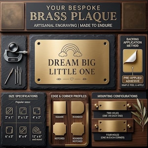 May include: A rectangular brass plaque featuring the engraved text "DREAM BIG LITTLE ONE" with a rainbow and heart icon. The display includes information on size specifications from 2" x 1" to 12" x 6", edge profiles, mounting configurations, and adhesive backing methods.