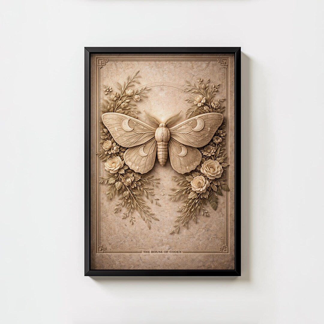 Luna Moth Wall Art Print | Moon Phase Floral Decor | Vintage Stone ...