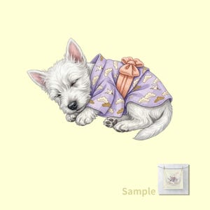 以下が含まれることがあります： 雲と鶴の模様が入った紫色の着物を着た、眠っている白い犬のイラスト。着物には桃色のリボンが付いています。「Sample」の文字が右下にあります。