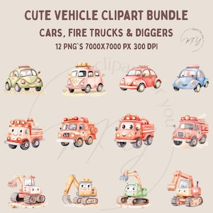 Paquete de imágenes prediseñadas de vehículos lindos: Autos, camiones de bomberos y excavadoras. Imágenes prediseñadas de vehículos en acuarela. Gráficos de transporte para niños. Uso comercial. PNG.