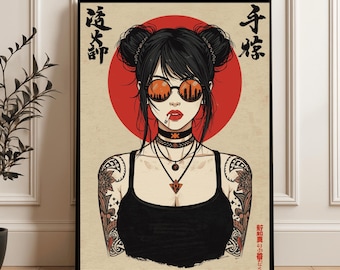 Cyberpunk-Poster mit japanischem Mädchen, Streetart, Porträt einer tätowierten Frau, Anime-Stil, Digitaler Download