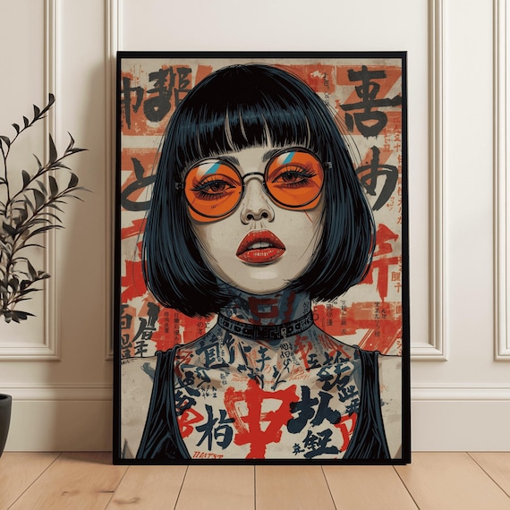 Japanese Tattoo Irezumi Portrait Poster, Neo Tokyo Rebel Girl Wall Art, Cyberpunk Tokyo Street Art Print, Punk Asian Aesthetic Wall Decor