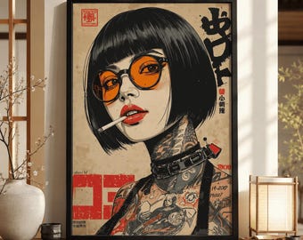 Japanisches Tattoo-Girl-Wandbild, Cyberpunk-Geisha-Poster, Gothic-Druck einer asiatischen Frau, Neo-Tokyo-Dekor, Digitaler Download