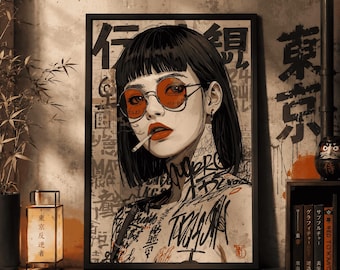 Japanisches Tattoo-Mädchen – Digitaldruck – Cyberpunk-Street-Art-Poster