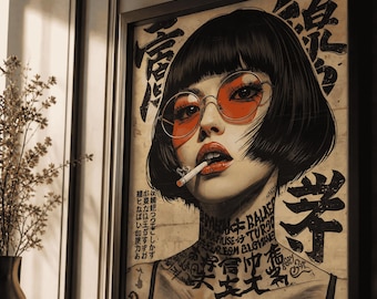 Cyberpunk-Wandbild, Poster einer japanischen Tattoo-Frau, Gothic-Kunst einer asiatischen Frau, Neo-Tokio-Dekor, Digitaler Download