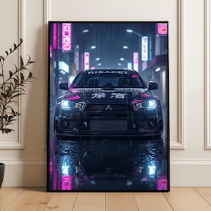 Peut inclure: Impression encadrée d'une voiture de sport noire avec des accents roses, garée sur une rue mouillée la nuit. Les phares de la voiture sont allumés, avec un fond de ville éclairé au néon. Du texte japonais est visible sur le capot.