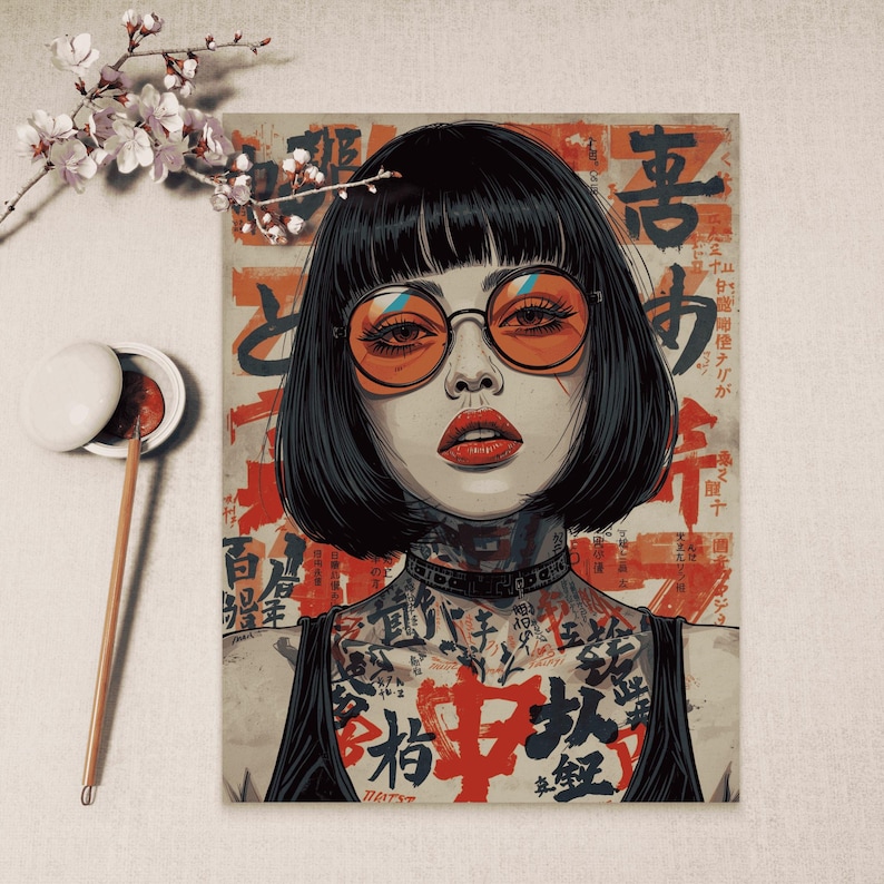 K&ouml;nnte beinhalten: Illustration einer Frau mit schwarzen Haaren, orange get&ouml;nten Gl&auml;sern und T&auml;towierungen. Das Kunstwerk zeigt japanische Schriftzeichen und eine kr&auml;ftige Farbpalette aus Rot, Schwarz und Beige. Die Frau tr&auml;gt ein schwarzes Oberteil.
