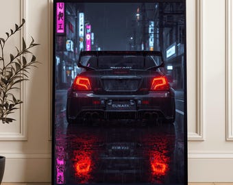 May include: A framed art print featuring a dark red sports car in a rainy urban setting. The car's taillights glow red, reflecting on the wet pavement. Neon signs in Japanese characters illuminate the background, creating a moody, atmospheric scene.
