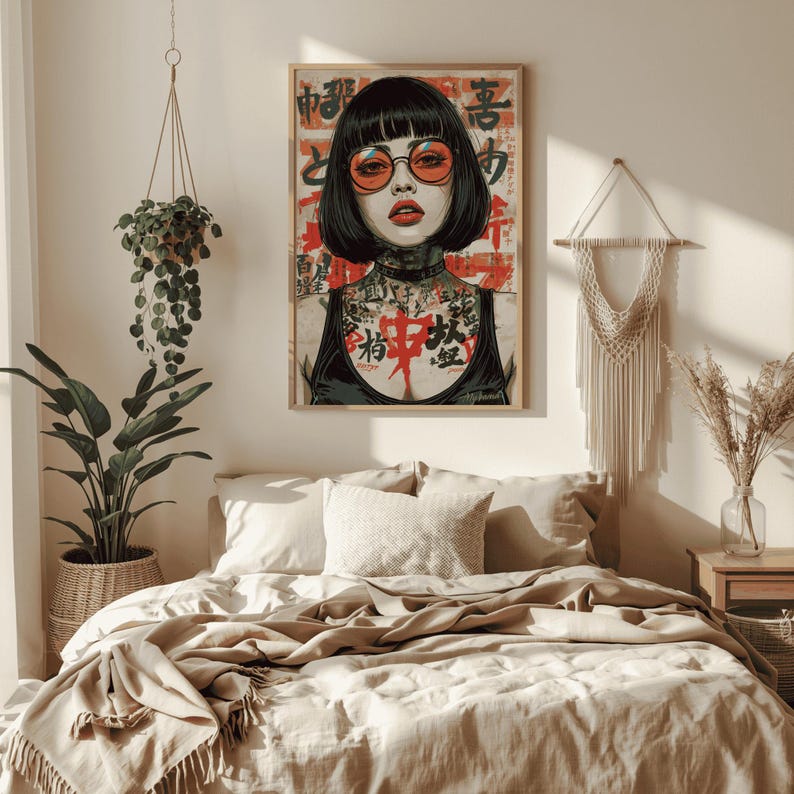 K&ouml;nnte beinhalten: Ein gerahmter Kunstdruck mit einer Frau mit schwarzen Haaren, orange get&ouml;nten Gl&auml;sern und rotem Lippenstift. Das Kunstwerk hat japanischen Text und ein Tattoo-Design. Der Druck wird in einem Schlafzimmer mit neutralen T&ouml;nen ausgestellt.