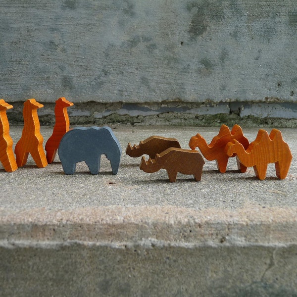 Instant Collection Vintage Wooden Animals Jungle Wild Painted Giraffe Elephant Hippo Camel Printer Tray Diorama Windowsill Shelf Mixed Media