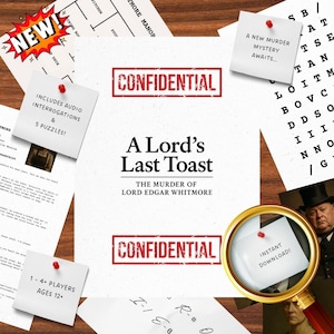 Op de afbeelding: Een moordmysteriespel genaamd "A Lord's Last Toast" met de tekst "Vertrouwelijk" en "Direct downloaden!". Bevat puzzels, audio-ondervragingen en is voor 1-4 spelers vanaf 12 jaar. Het spel bevat een vergrootglas en een "Nieuw!"-afbeelding.
