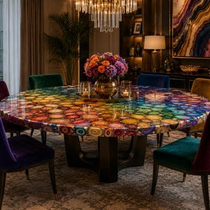 May include: A round dining table featuring a surface composed of multicolored agate slices in shades of blue, purple, pink, yellow, and green. The table is supported by a dark, solid pedestal base and is surrounded by velvet chairs in purple, green, and gold.