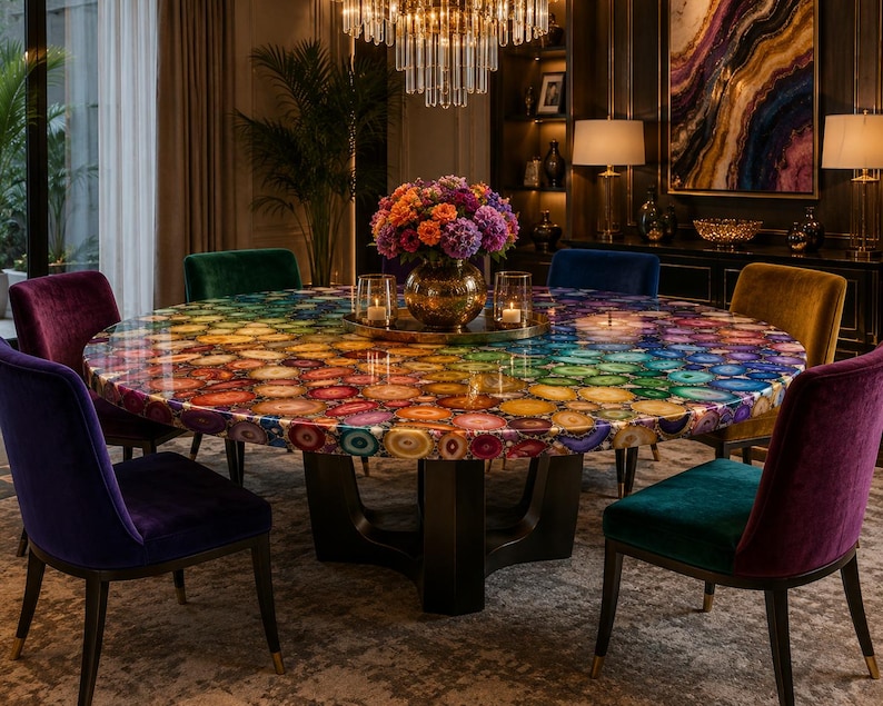 May include: A round dining table featuring a surface composed of multicolored agate slices in shades of blue, purple, pink, yellow, and green. The table is supported by a dark, solid pedestal base and is surrounded by velvet chairs in purple, green, and gold.
