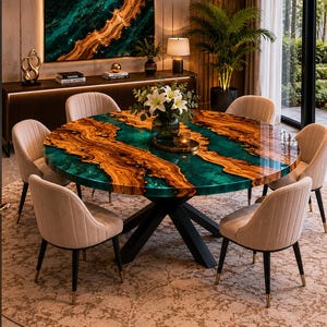 Handmade Round Ocean Epoxy Resin Dining Table with Natural Wood & Green Wave Design Green Ocean Wave Epoxy Resin Round Dining Table –