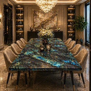 Mesa de comedor de piedra labradorita: una pieza de lujo iridiscente. Mesa de comedor de labradorita natural: una obra maestra de piedras preciosas exóticas.