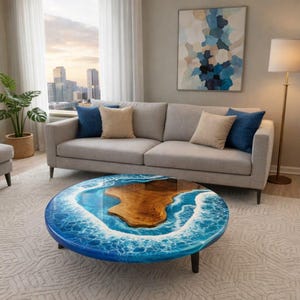 May include: A round coffee table featuring a natural wood centre surrounded by a glossy blue and white resin border that mimics ocean waves. The table has a smooth, reflective surface and is supported by short, dark, cylindrical legs.