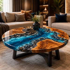 May include: A round coffee table featuring a natural wood slab with a live edge and a central river design made of blue resin and embedded grey river stones. The table is supported by a black metal base with angled legs and a smooth finish.