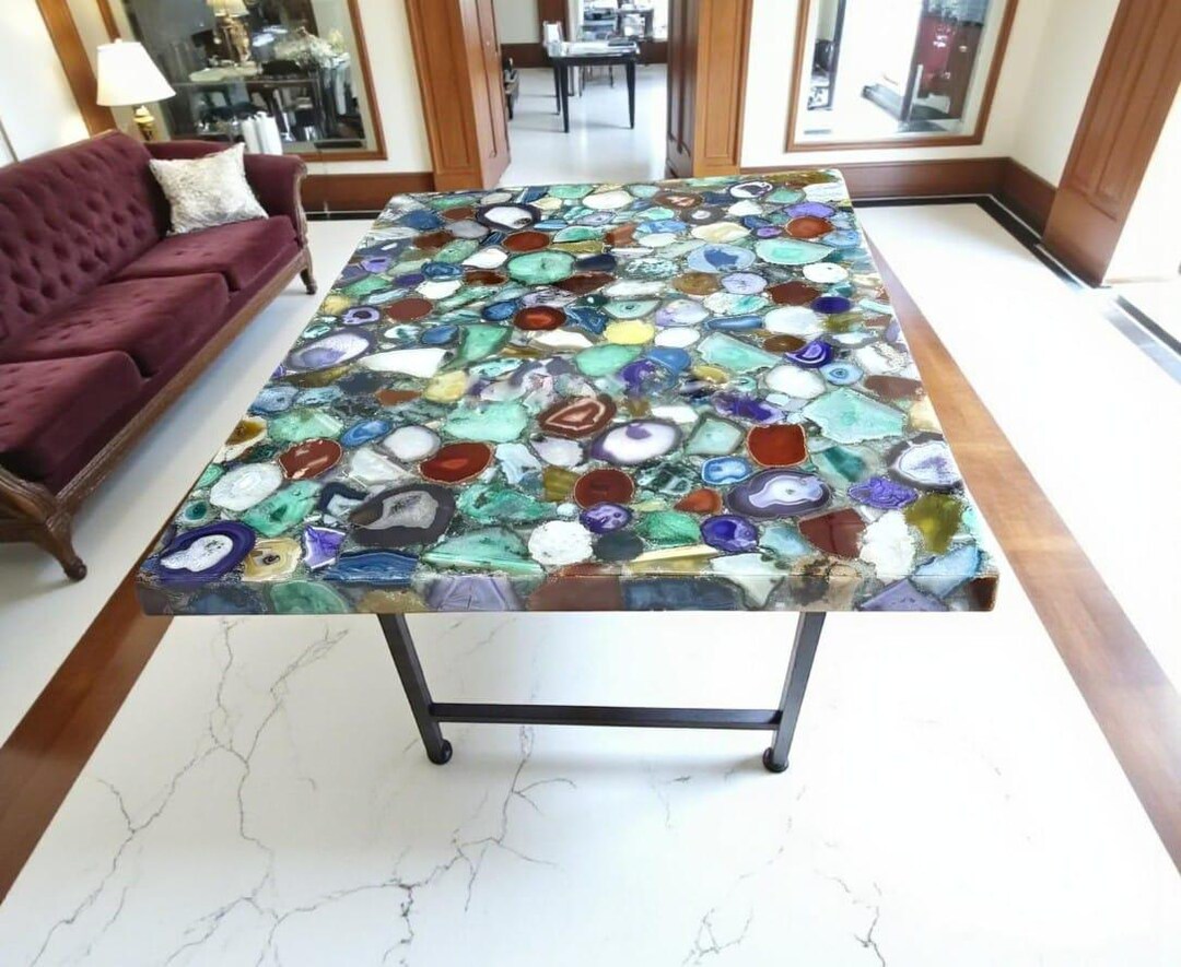 Agate Table Handcrafted Mix Agate Dining Table Top – Natural Gemstone, Luxury ...