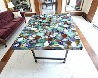 Handcrafted Mix Agate Dining Table Top – Natural Gemstone, Luxury Furniture