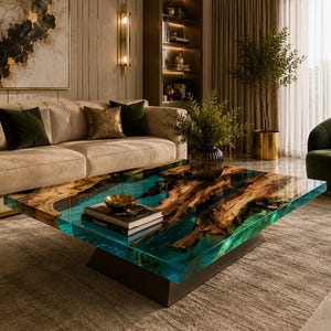 Op de afbeelding: Een moderne salontafel met een uniek ontwerp. De tafel heeft een helder, turquoise gekleurd harsblad met ingebedde houtnerfpatronen. Hij staat op een donkere, hoekige basis. Een gouden kom en boeken liggen op de tafel.