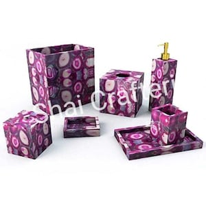 Pink Agate Stone Bathroom Set: Handmade Natural Vanity Decor, 7-Piece