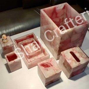 Pink Rose Quartz Bathroom Accessories Vanity Top Set Of 7 Pcs Unique Handmade Arts Pink Stone Luxury Quartz Bathroom Decor Tools