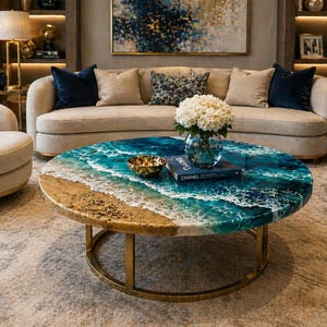 May include: A round coffee table featuring a resin tabletop with a realistic ocean wave design, including sandy beach textures and deep blue water tones. The table is supported by a circular gold metal frame base and sits on a neutral area rug.