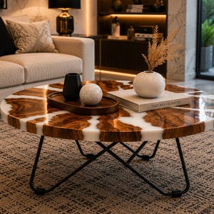 May include: A round coffee table featuring a natural wood grain surface with white resin inlay, supported by a black metal cross-leg base. The table holds a dark oval tray with a black vase and marble sphere, plus a book titled Natures Geometry.